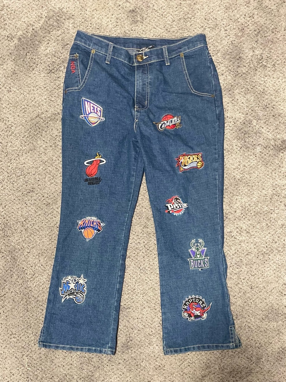 Rare Vintage NBA All Team Logo Jeans UNK Embroidered Y2K Sz 9/10